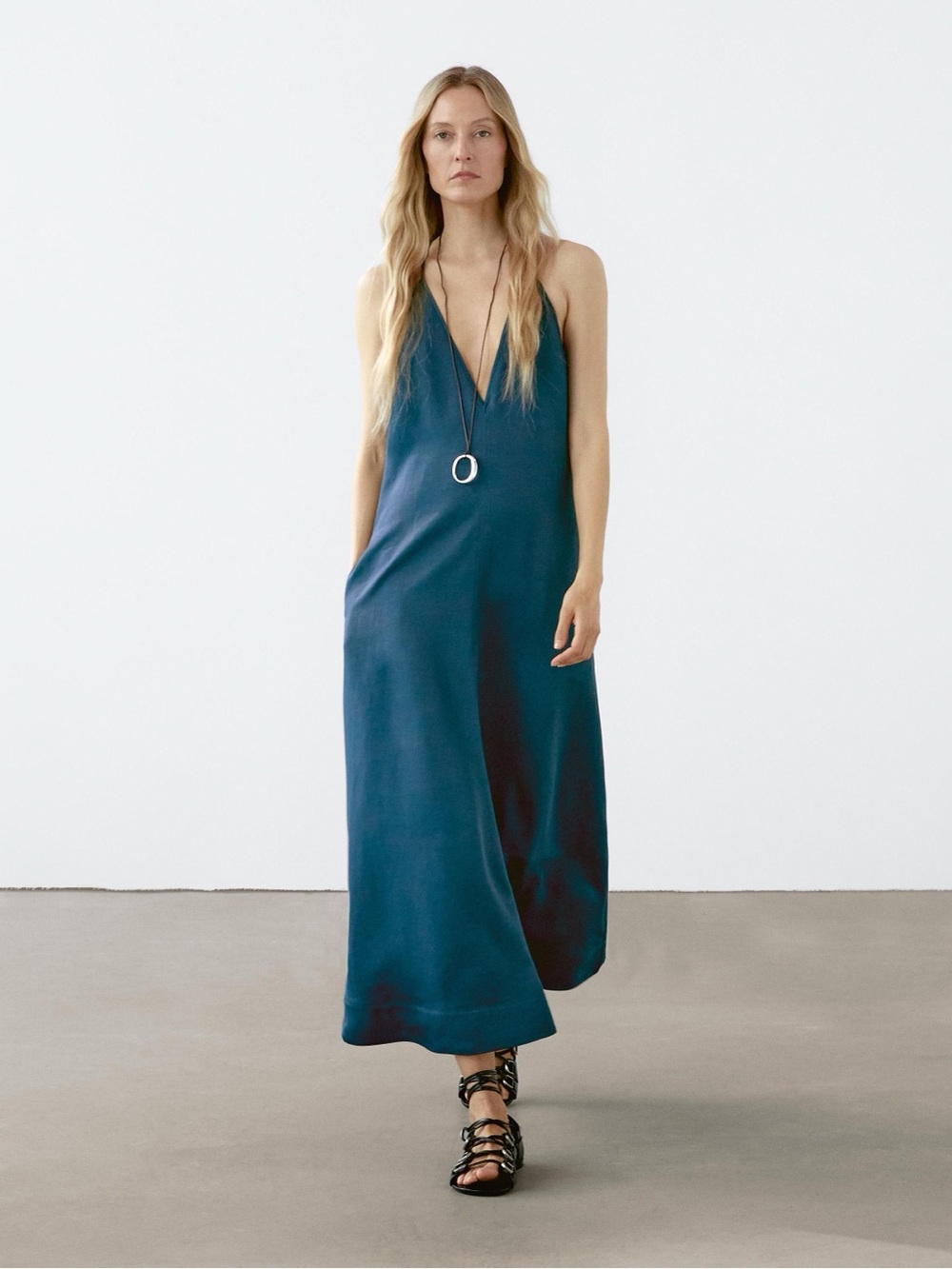 Massimo Dutti Deep Teal V-Neck Maxi Slip Dress NWT